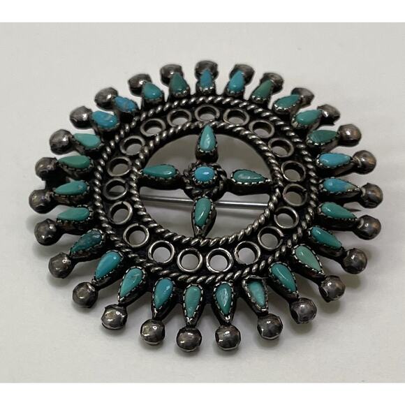 Vintage Zuni Petit Point Silver & Turquoise Brooch Pin Native American Old Pawn - Picture 4 of 11
